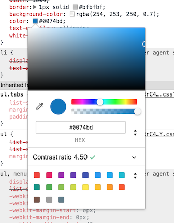 Screenshot of Chrome's developer tools verifying a contrast ratio of 4.50 for the colour mentioned in this comment