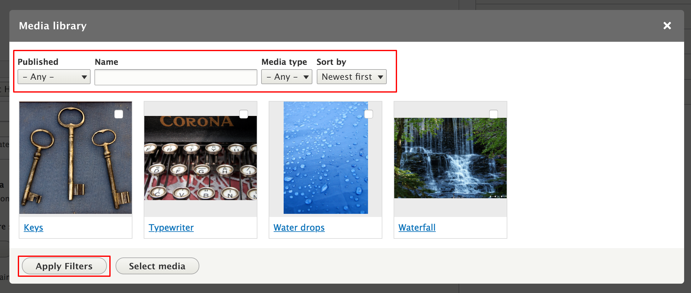Media library 'Apply filters' button