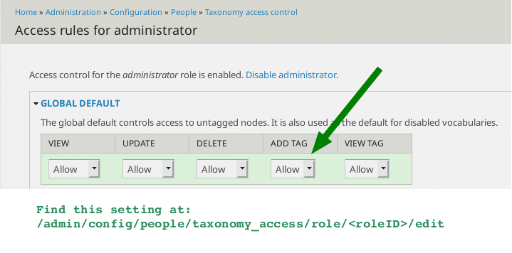 Image pointing out the specific setting in taxonomy access control settings that addresses the problem.