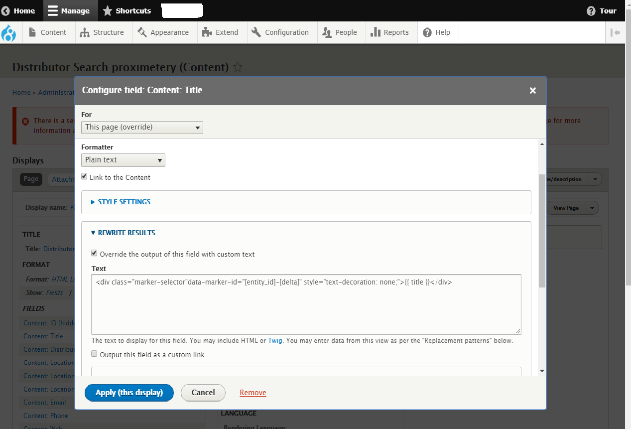 Field config. Drupal Custom text Tools.