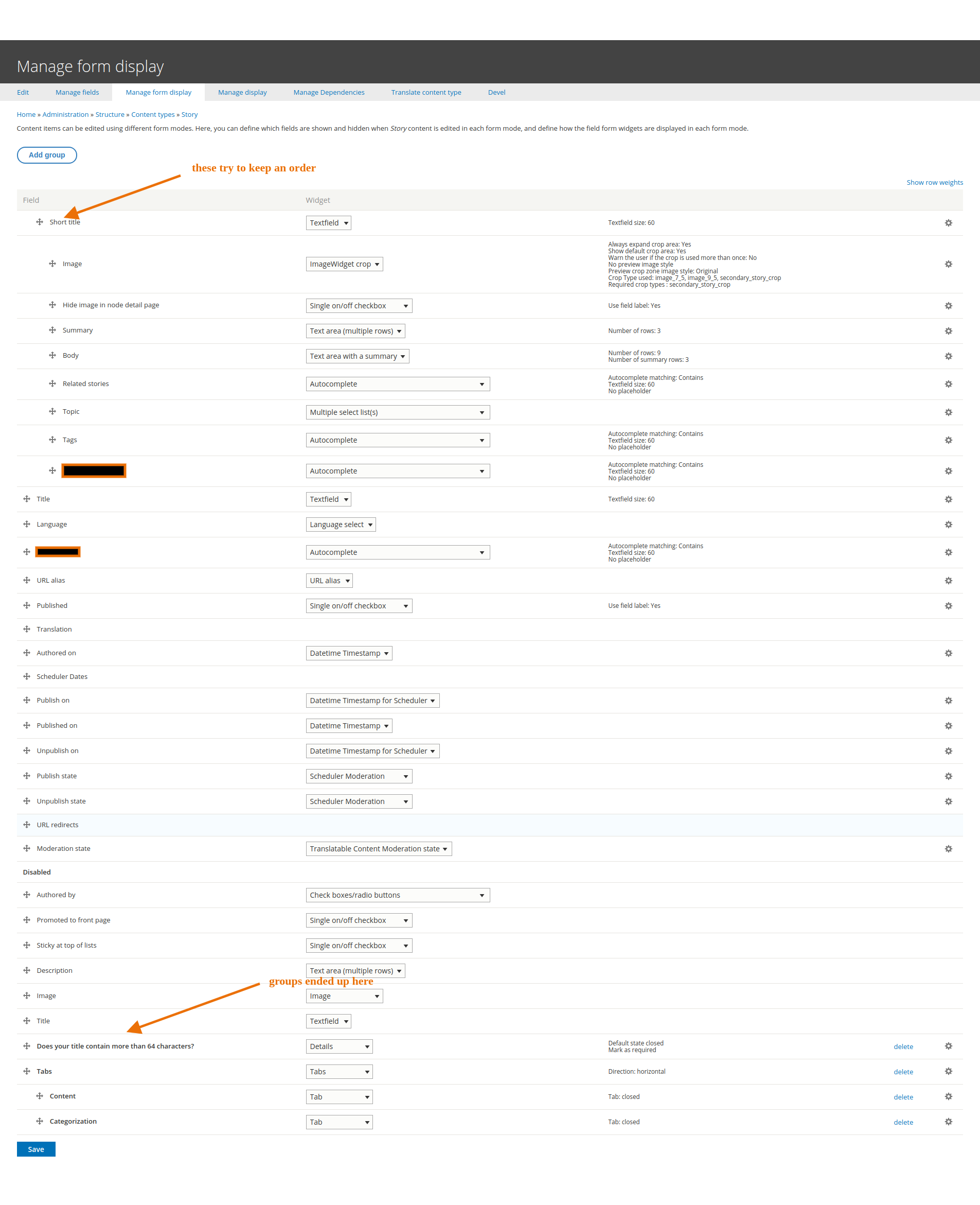 screenshot from manage form display page