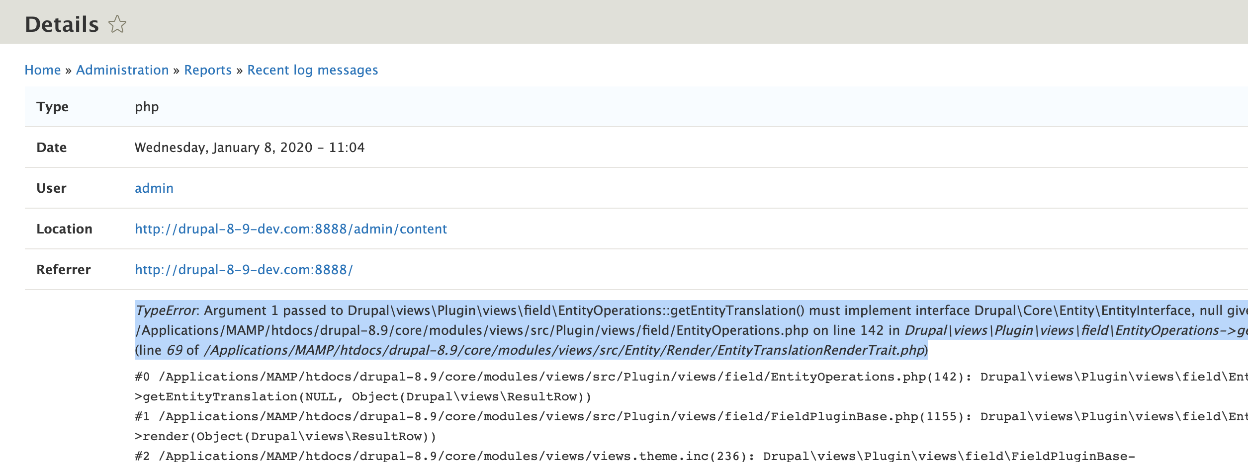 Drupal views. Translate TYPEERROR: Insert expected 2 arguments, got 1.