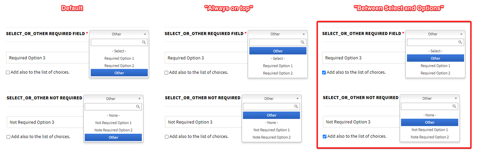 Other option always on top but between select and options in lists