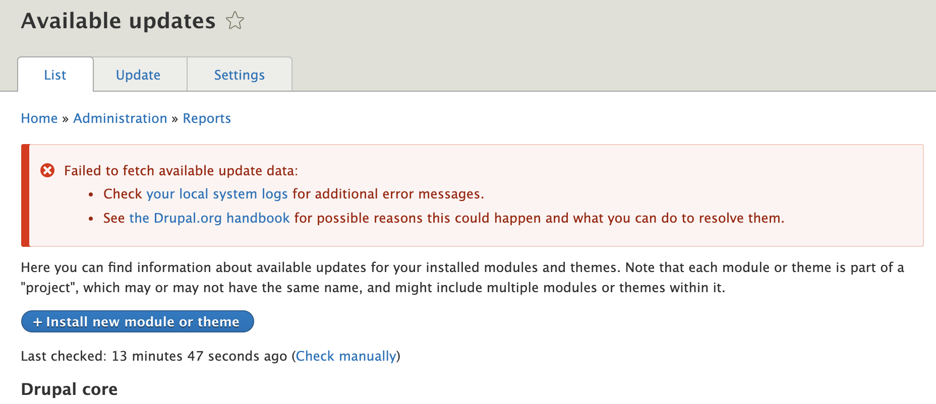 Available updates report when we fail to fetch update data, error message from the Messenger service