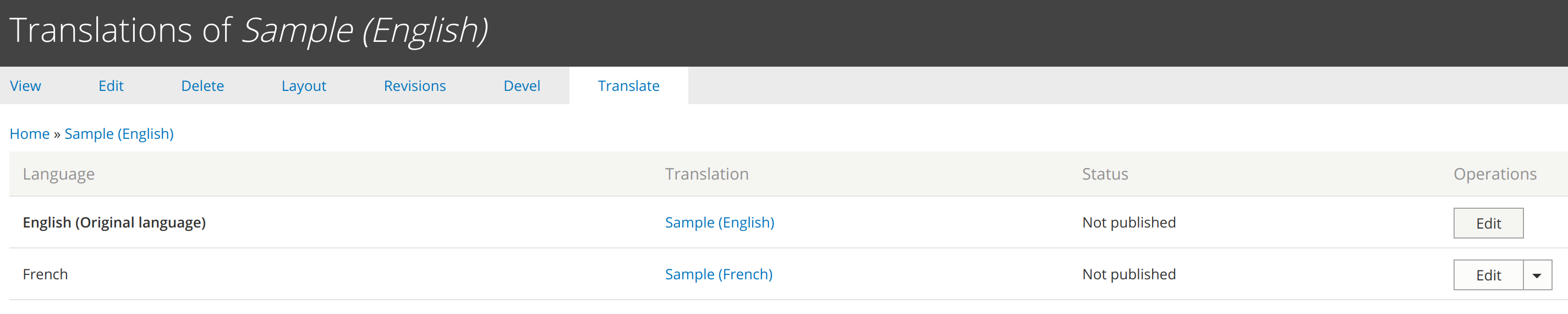 Content entity with an English and French translation