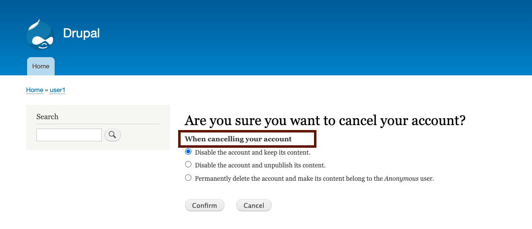 cancel own account screen