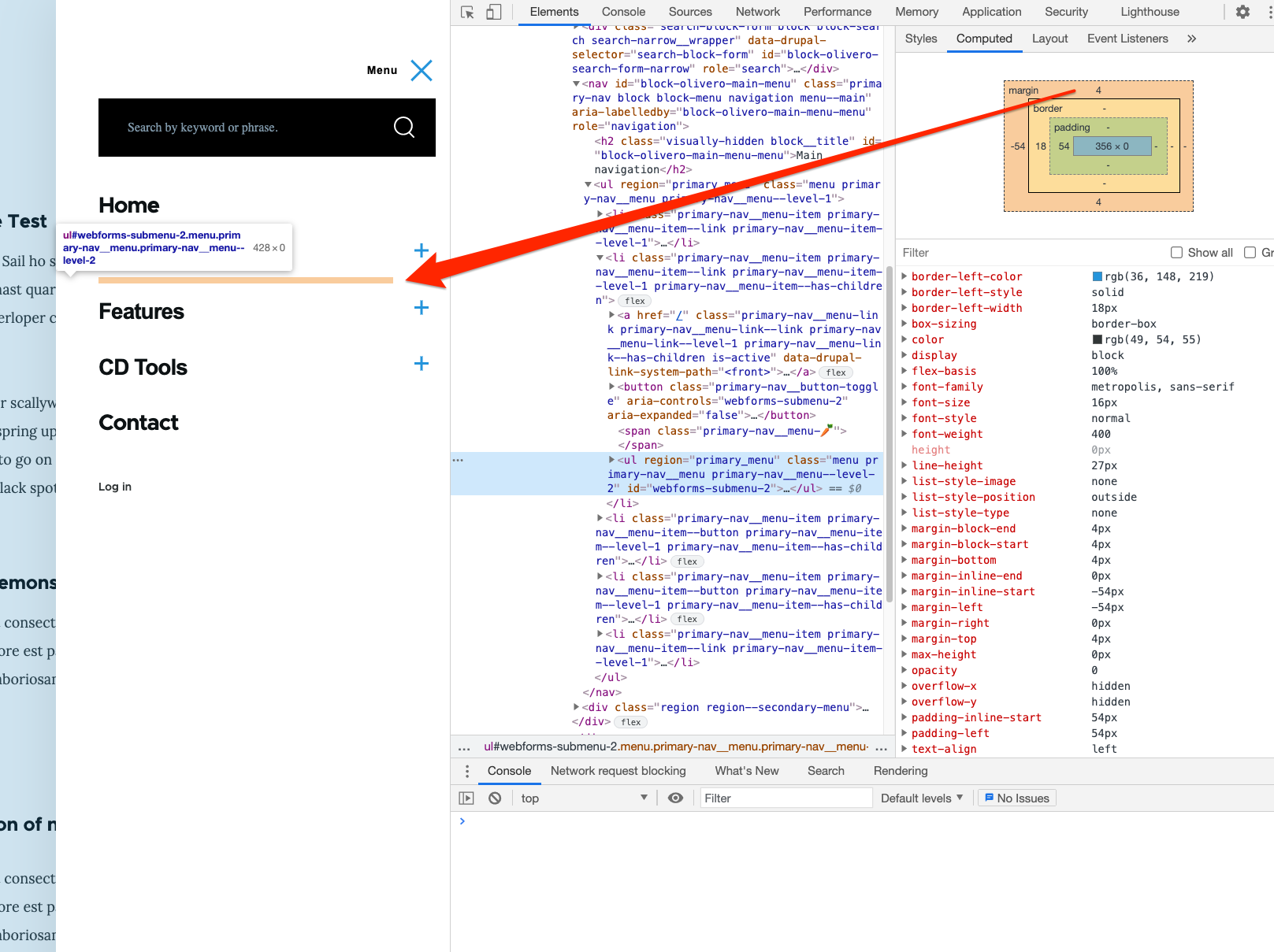 Olivero: Mobile sub-navigation menus slightly offset subsequent menu ...