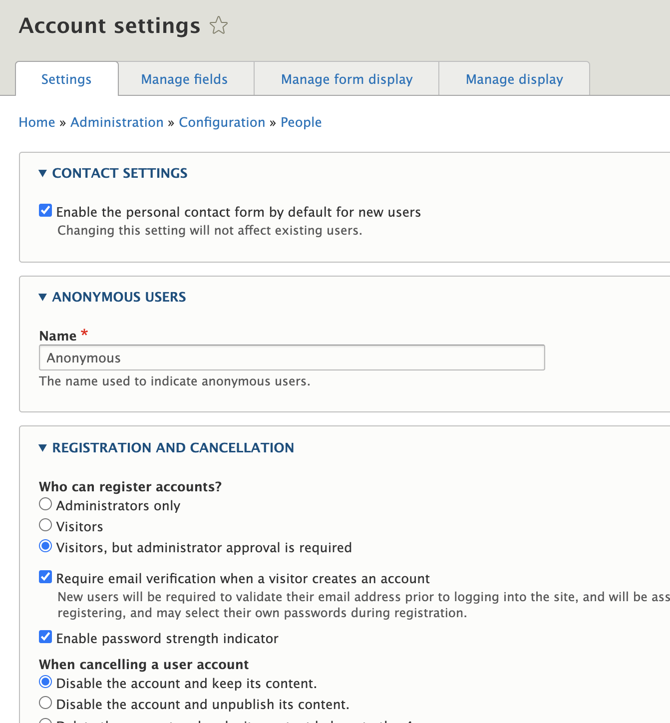 Screenshot of 'Account settings' form after patch applied, no longer contains 'Administrator role' setting