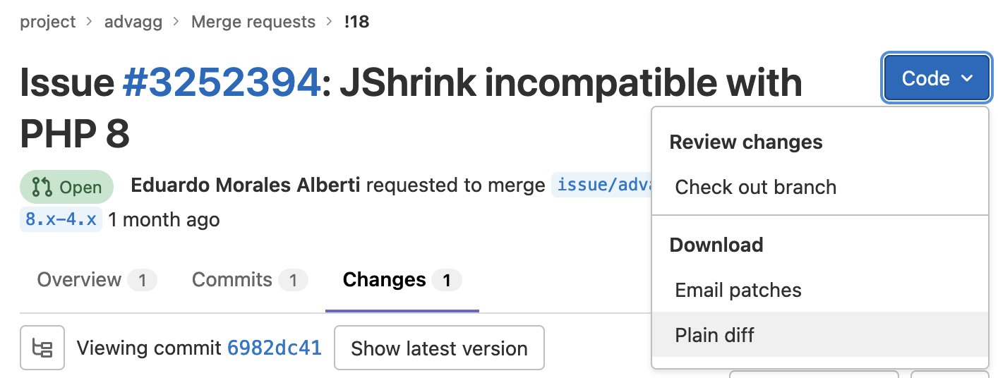 Screenshot of Gitlab commit interface, highlighting the "Code > Download > Plain Diff" option