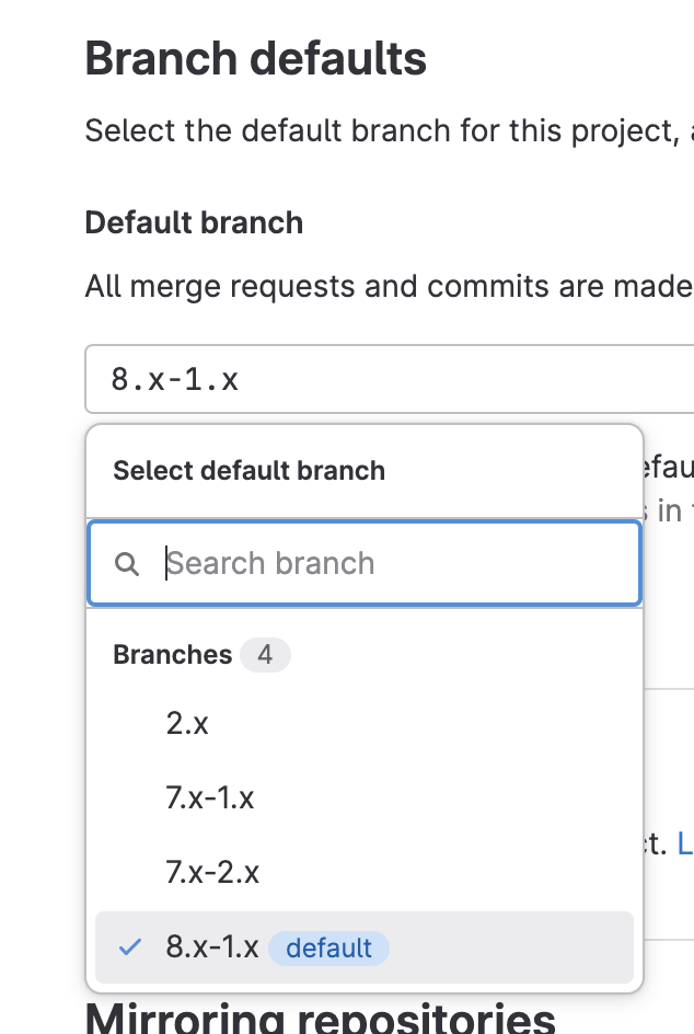screenshot of PWA branch defaults config with only 8.x-1.x branch available
