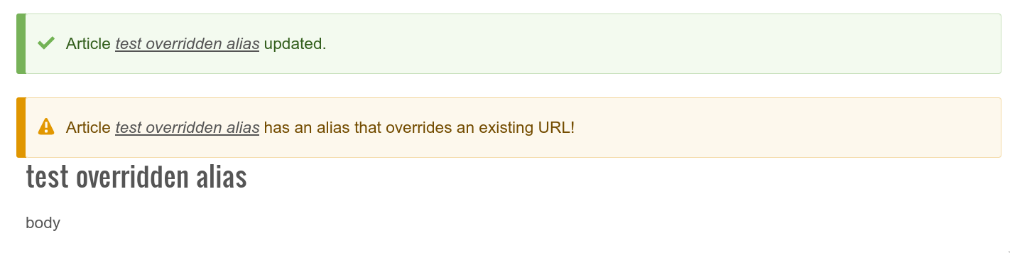 Mockup showing a warning that the alias overrides an existing URL.