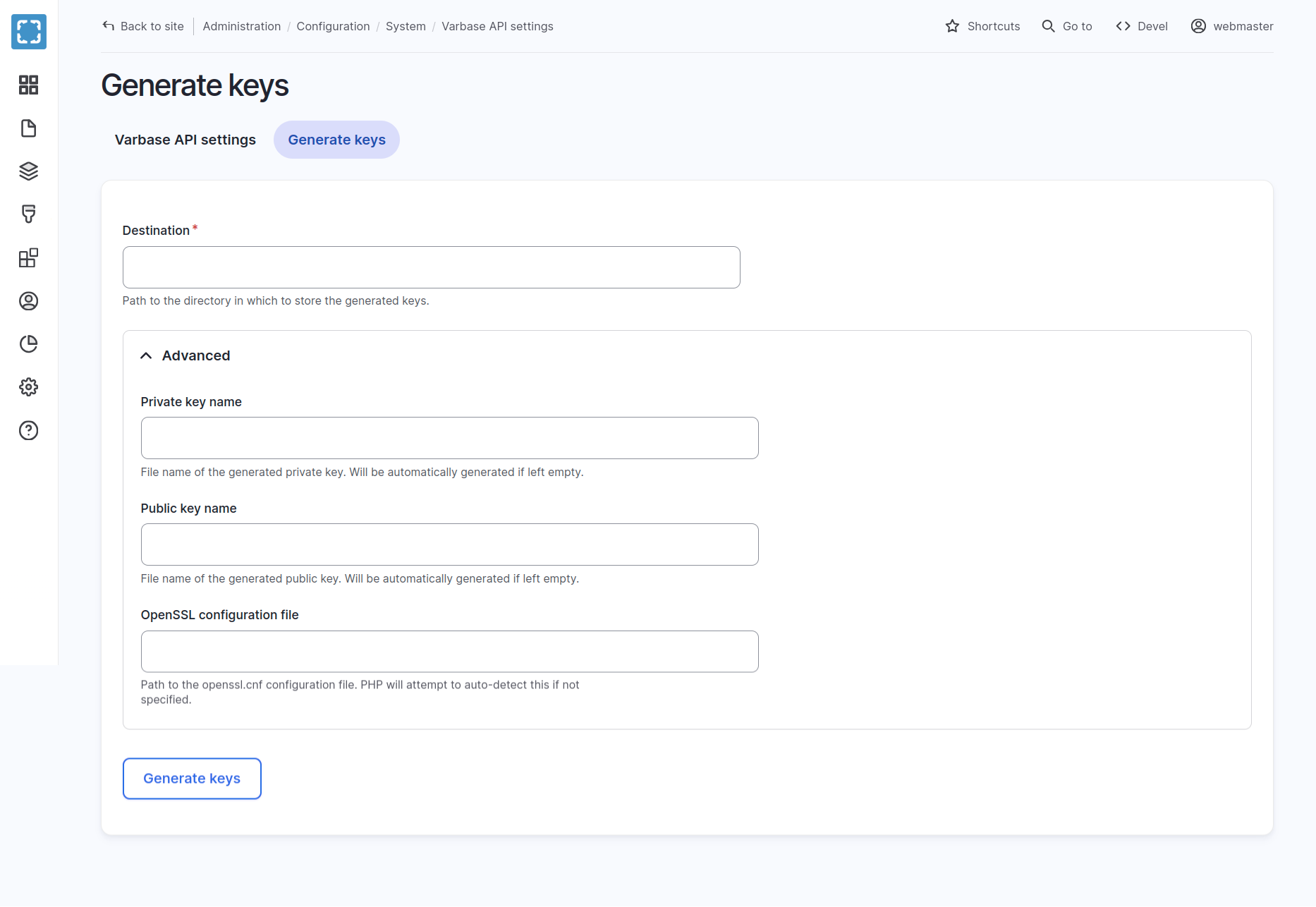 Varbase API - Generate Keys