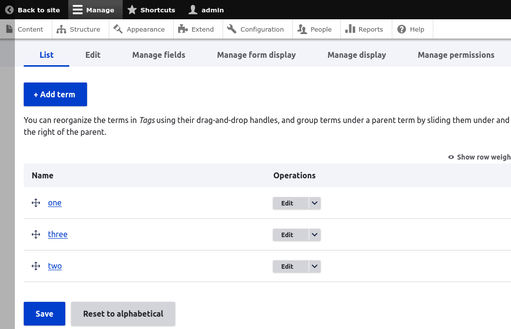list of tags on the destination taxonomy
