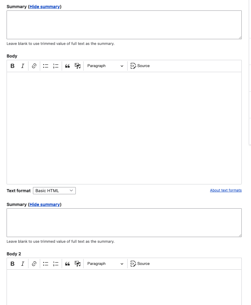 Edit form with several long text with summary -fields with summary open in Claro