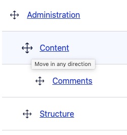 four hierarchically ordered menu items of the admin menu with the tooltip move in any direction visible