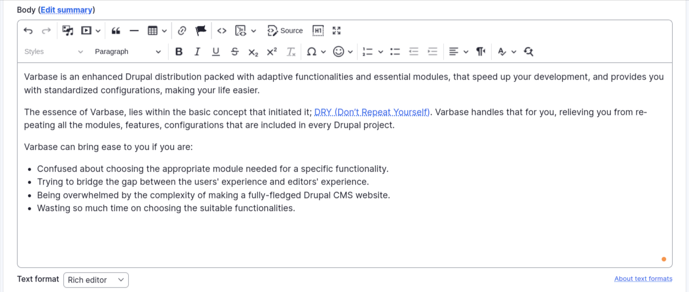 Create Basic page with Rich editor text format