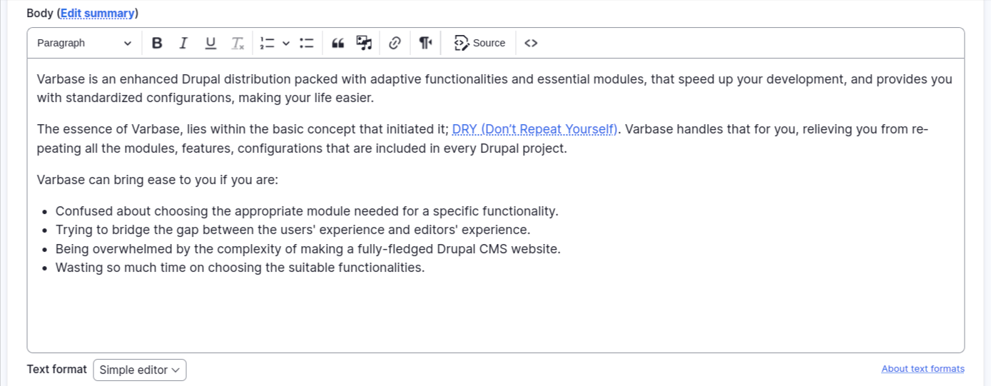 Create Basic page with Simple editor text format