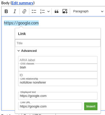 CKEditor link dialog with advanced property using a caret rather than a triangle for the collapsible section, the Title field is first, then the collapsible section, then the Display Text and Link URL form fields and an Insert/Update button. The form fields inside the collapsible section and Title have no spacing around them.