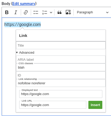 CKEditor link dialog with advanced property using triangle for collapsible seciton, the Title field is first, then the collapsible section, then the Display Text and Link URL form fields and an insert/Update button. The form fields and collapsible section have no spacing around them.