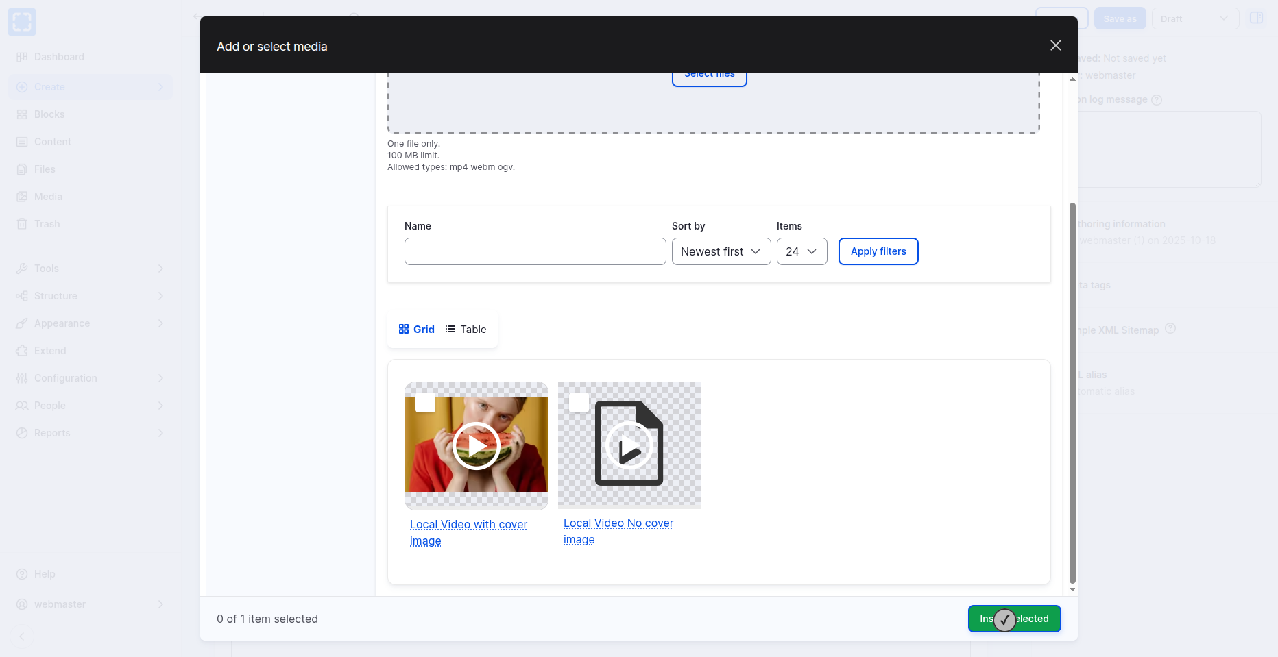 Media Library - Local Videos - Create Blog post