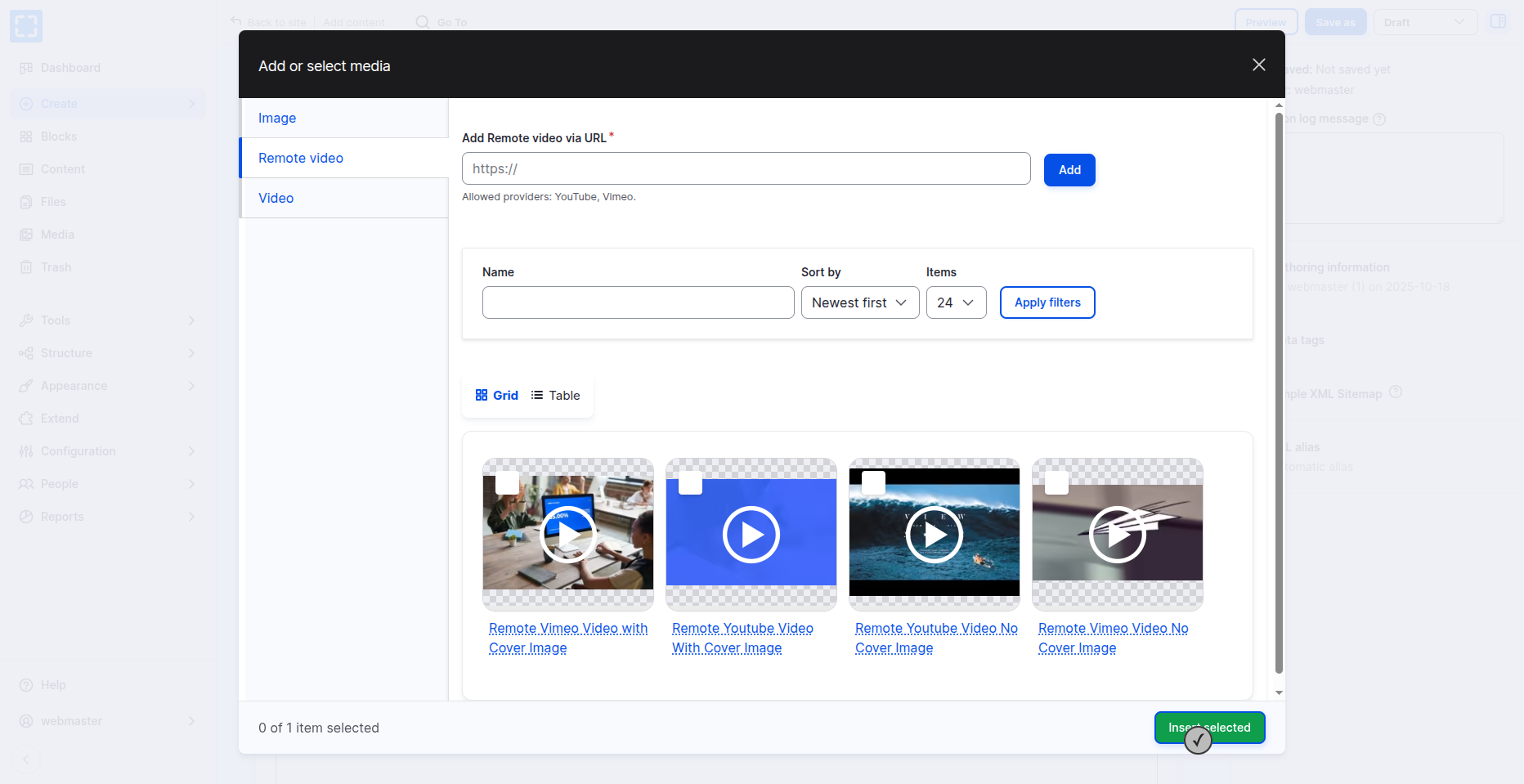 Media Library - Remote Videos - Create Blog post
