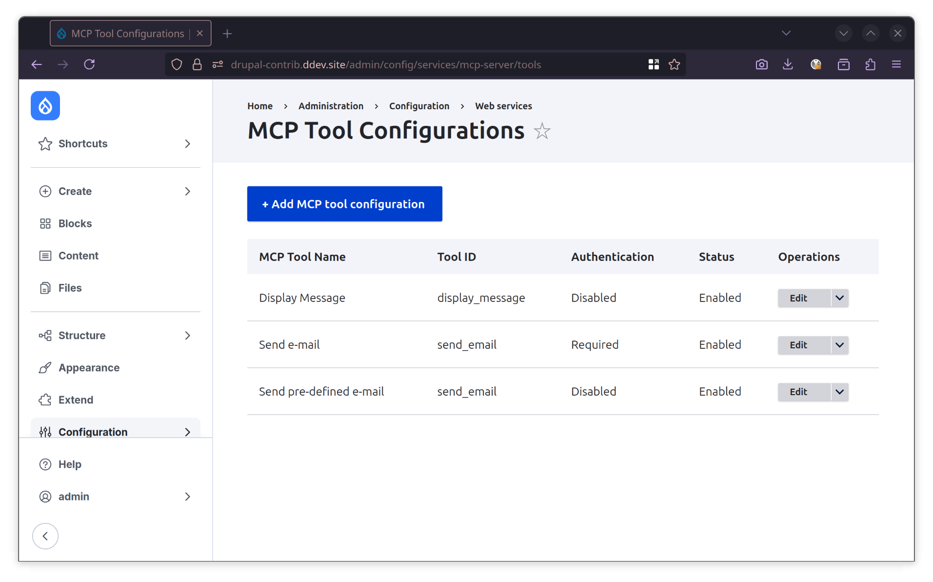 Admin interface showing list of MCP tool configurations
