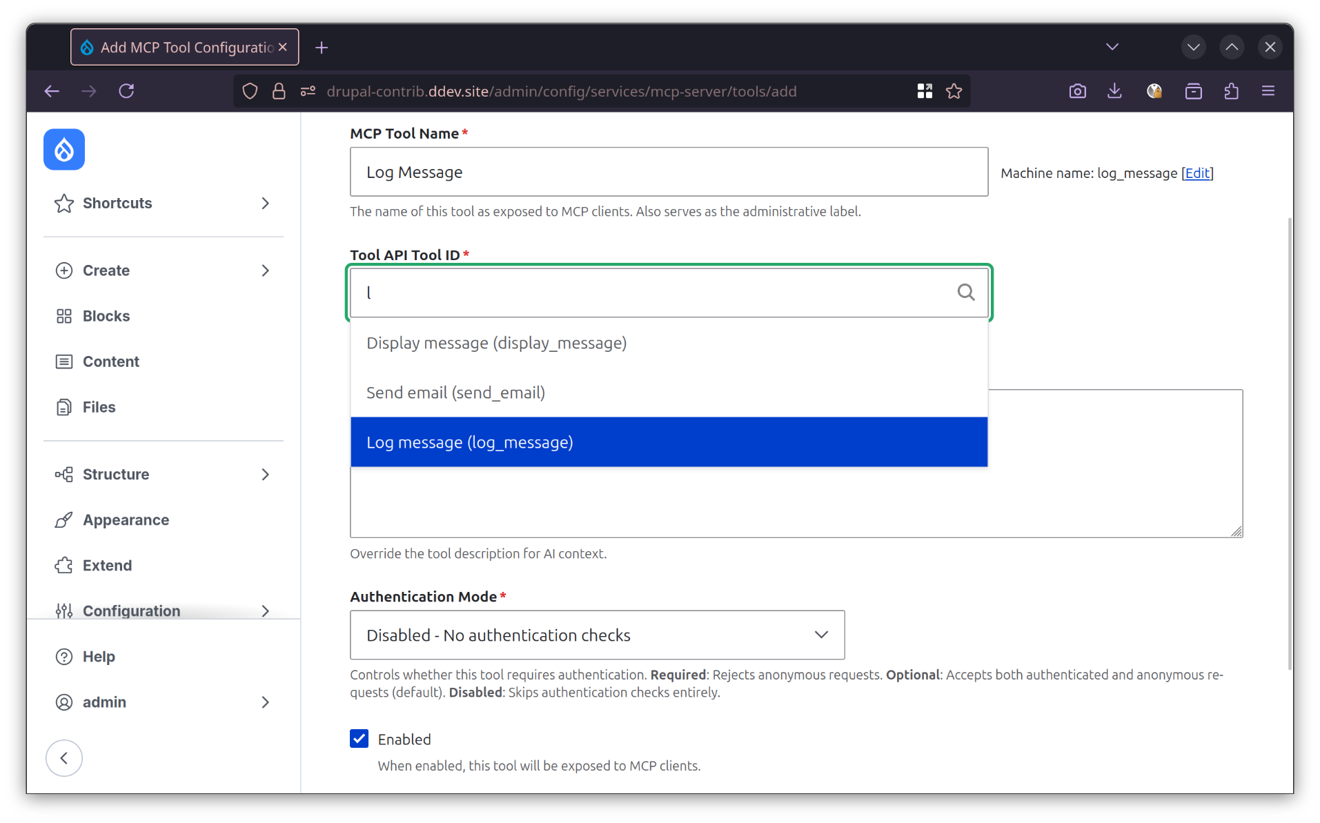 Form for adding/editing MCP tool configurations