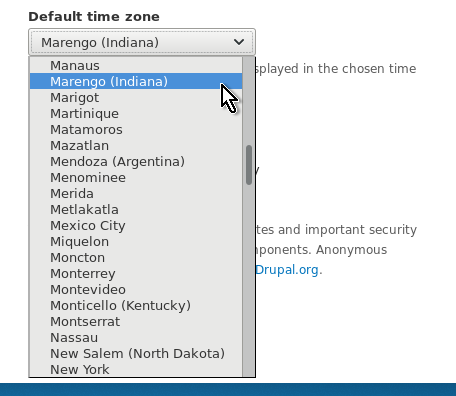 Screenshot of three-level timezone names in an open select element.