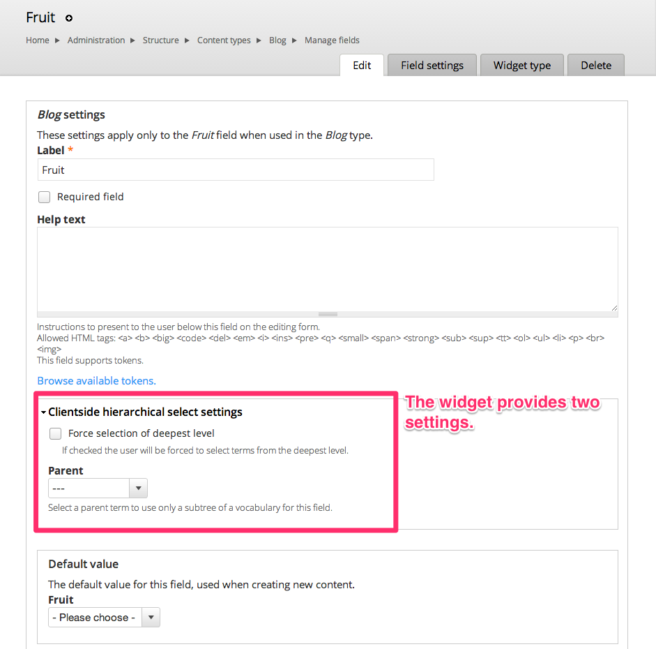 The settings form of the widget