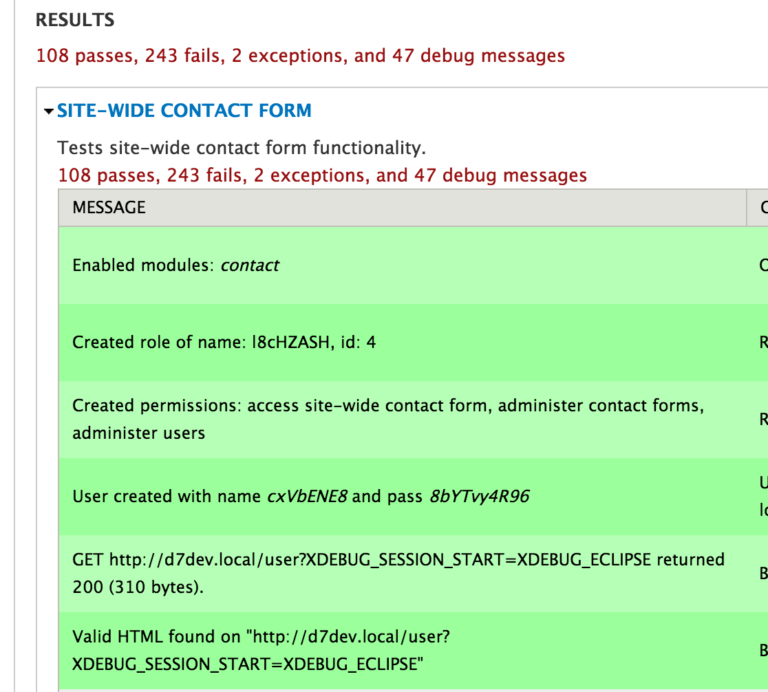 Screen grab of test result showing failed tests and params being added