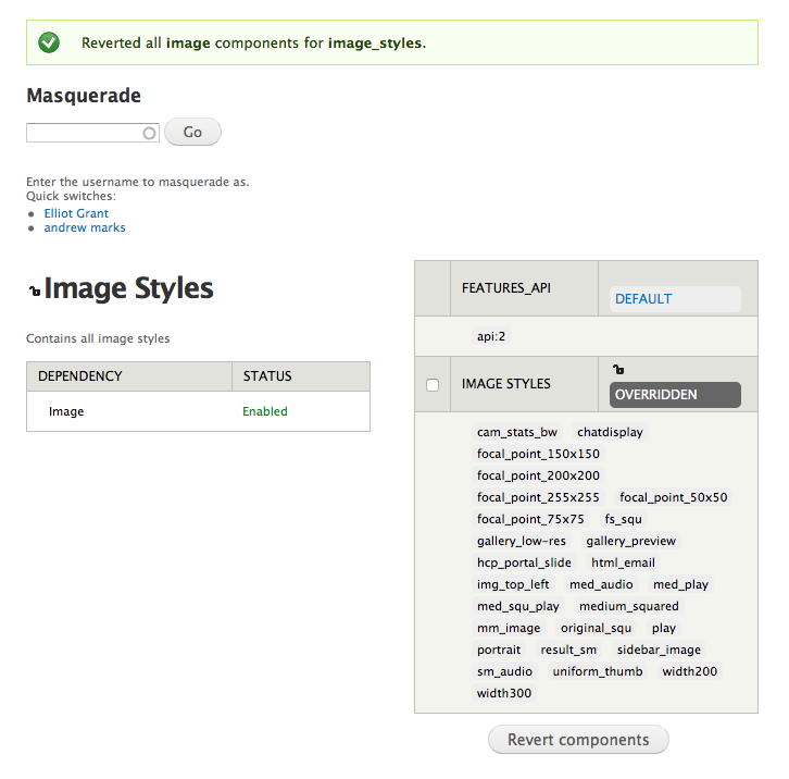 Screenshot of Image Styles feature showing "reverted" message but still Overridden.