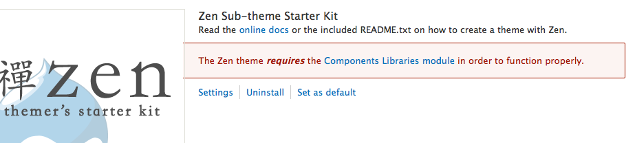Screenshot of Appearance page showing a warning above the "set as default" link on Zen's starter kit.