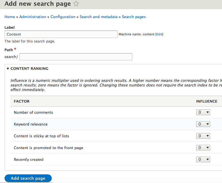 On the following page, the button is labeled Add search page