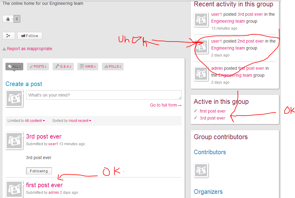 screenshot shows unpublished node still in activity stream