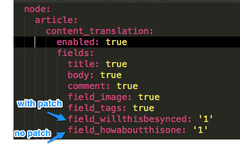 content_translation settings file showing that both new fields created with and without the patch are marked as being translatable.