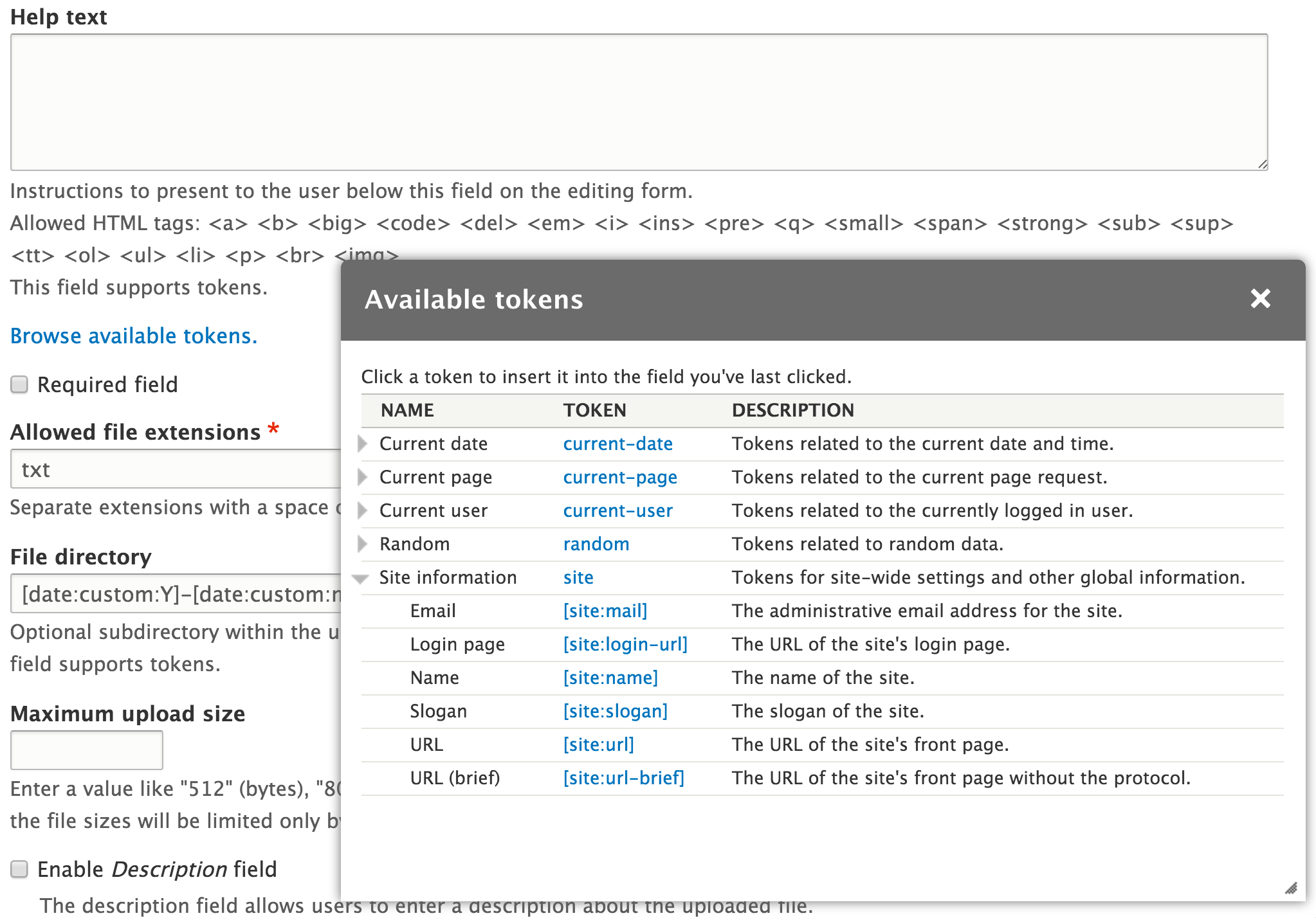 Module token. Dating site Drupal. Random token. Друпал + модуль вьюс. Description field.