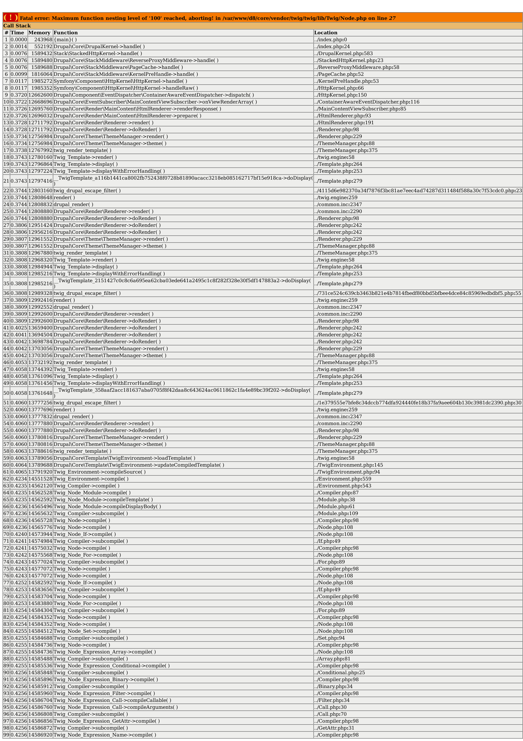 Maximum function nesting level of '100' reached [#2393531] | Drupal.org