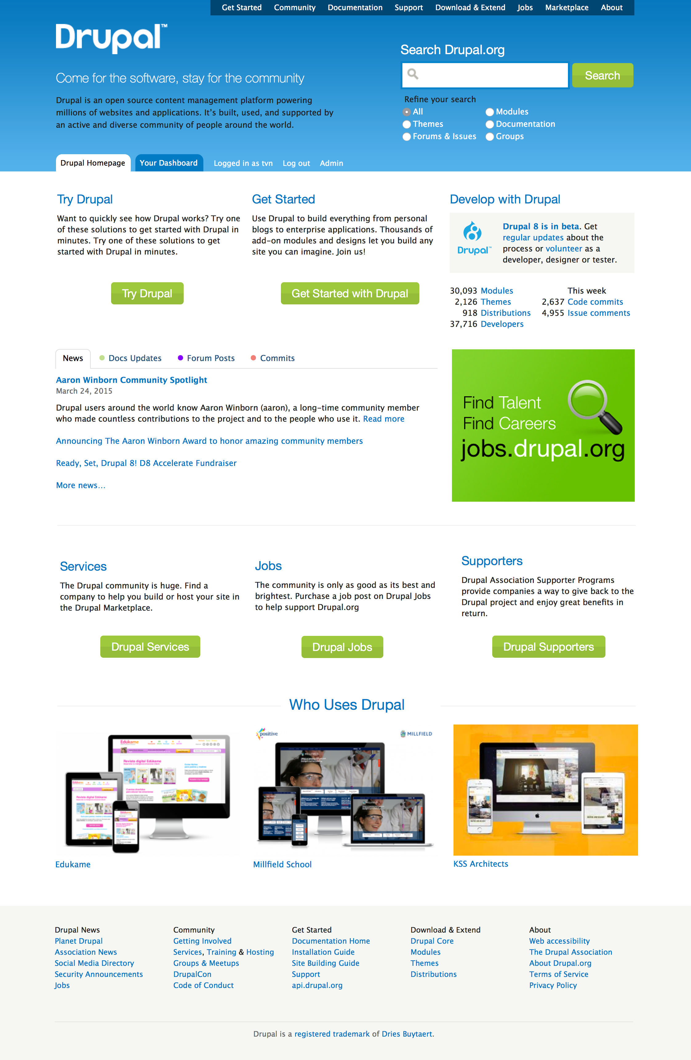 First iteration of Drupal.org front page to support the content ...