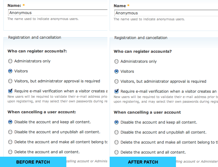 Comparison of admin/user/settings page before and after patch