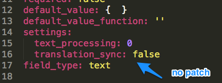 Configuration file for a new field on 8.x HEAD showing that the translation_sync setting is present.