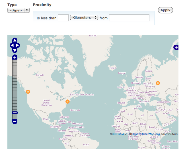 Proximity search can show results as points on a map instead