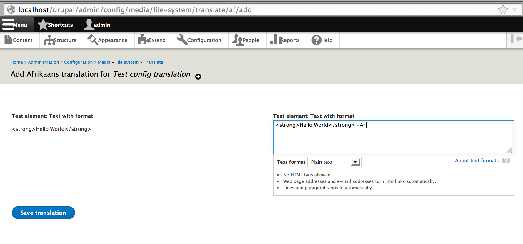 screenshot showing the translate form with the text format'd widgit