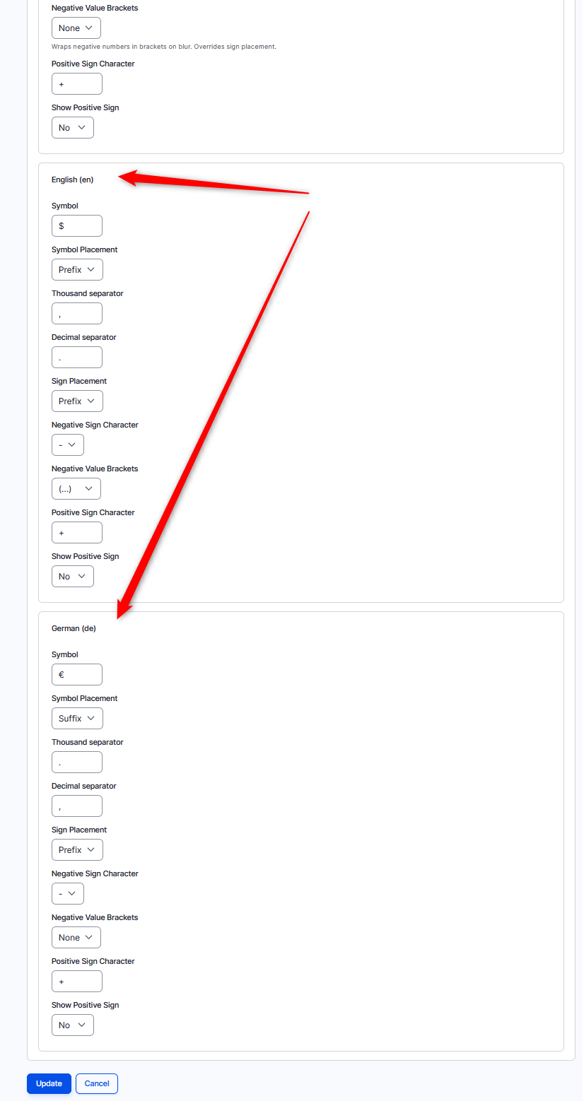 Language specific settings of formatted input widget