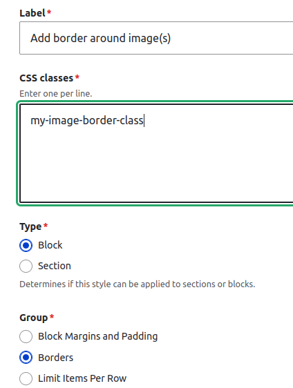 Screenshot of defining CSS classes in Layout Builder Styles configuration