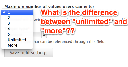The maximum values field has options for 1-5, 'unlimited', and 'more'. This is confusing.