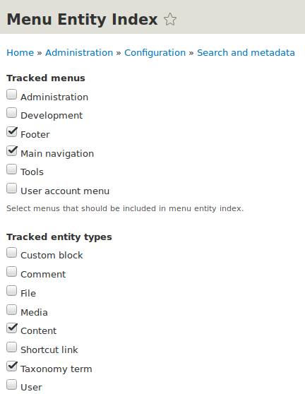 Menu Entity Index configuration page
