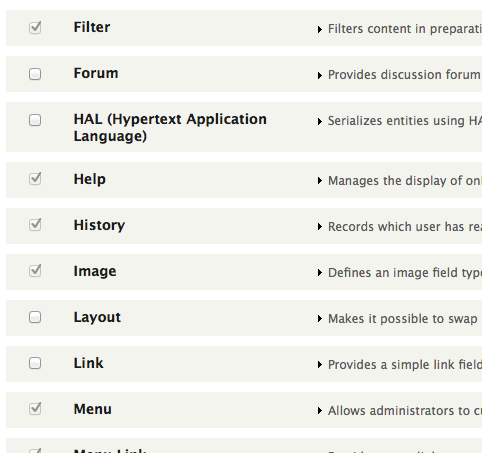 Screenshot of greyed out checkboxes on modules page