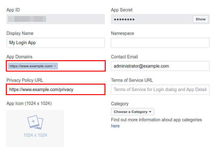 Facebook app domains and privacy policy