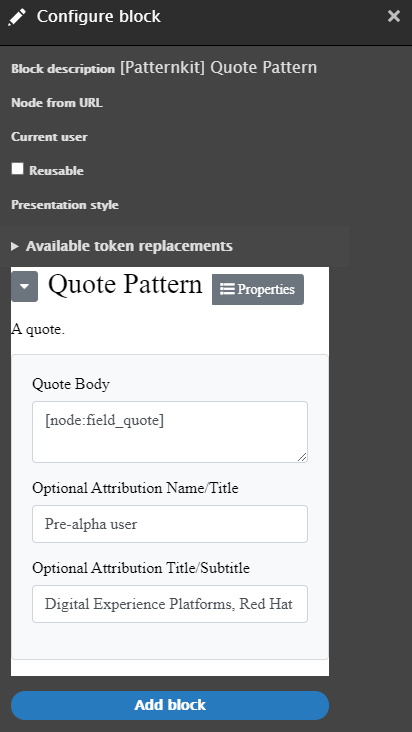 An image of a pattern for a quote demonstrating the schema file in-use.