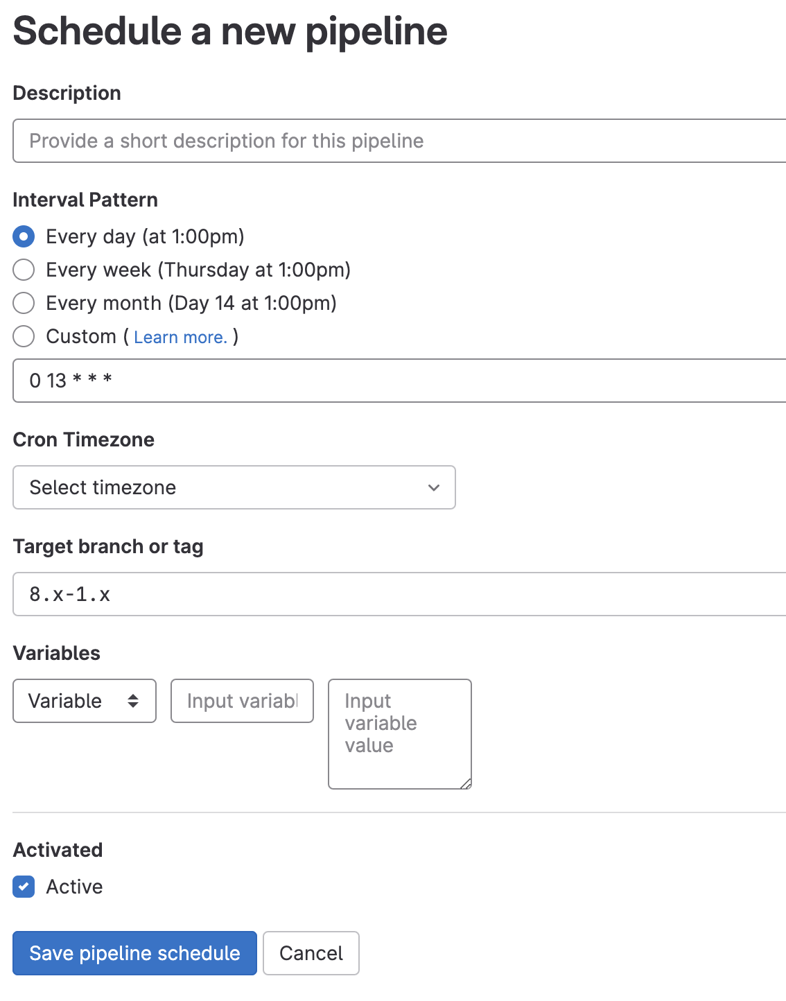 Configuration options for scheduling pipelines, including crontab syntax